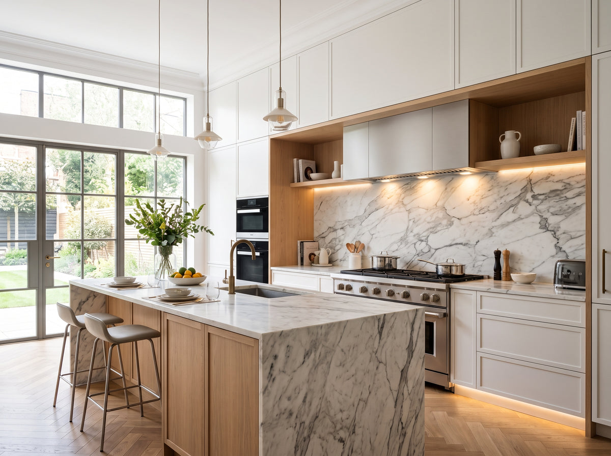 A modern kitchen interior with white cabinetry featuring the Luxair Lusso Professional Canopy Range Extractor