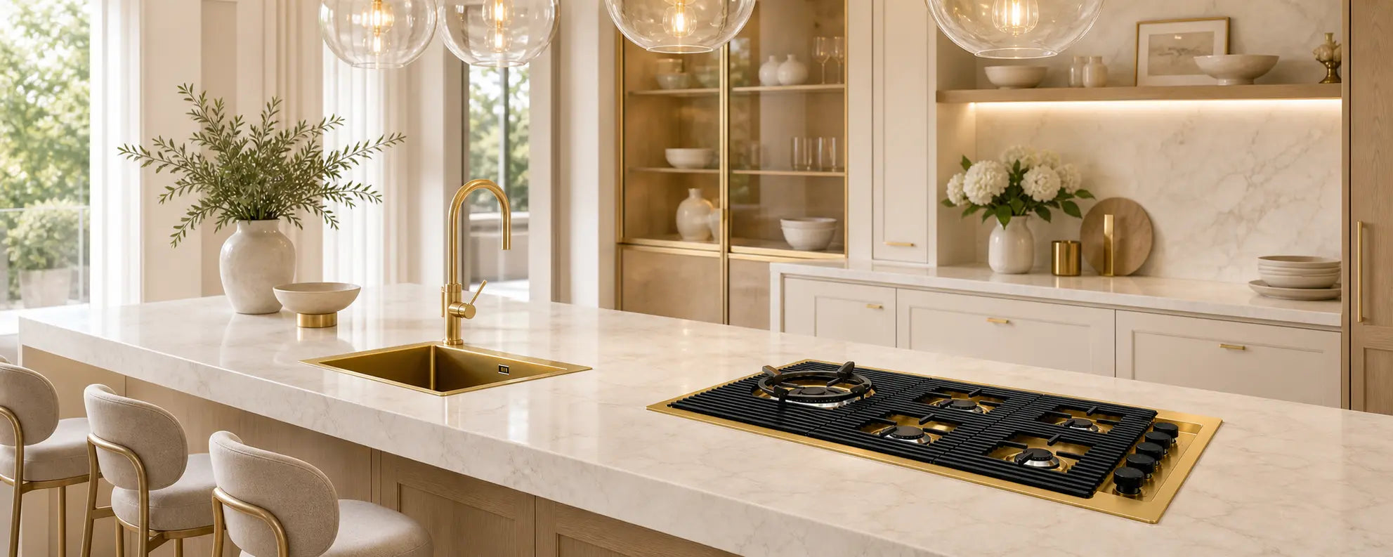 A modern kitchen island with a black gas cooktop featuring gold burner grates and trim, set into a bright, cream-colored kitchen with marble countertops and gold fixtures.
