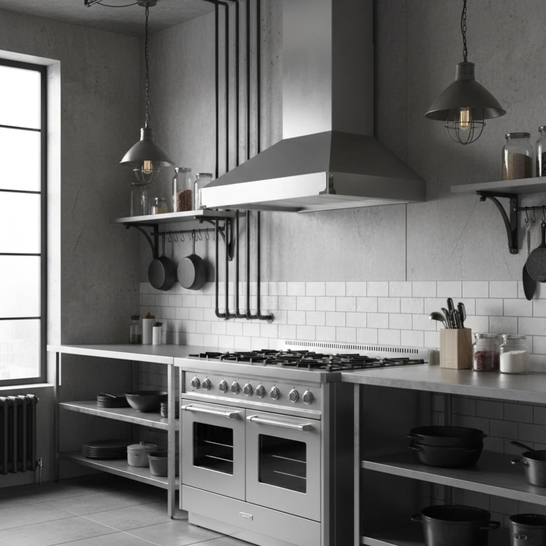 A modern industrial kitchen setup featuring a stainless steel gas range, matching range hood, open shelving, and a white subway tile backsplash.