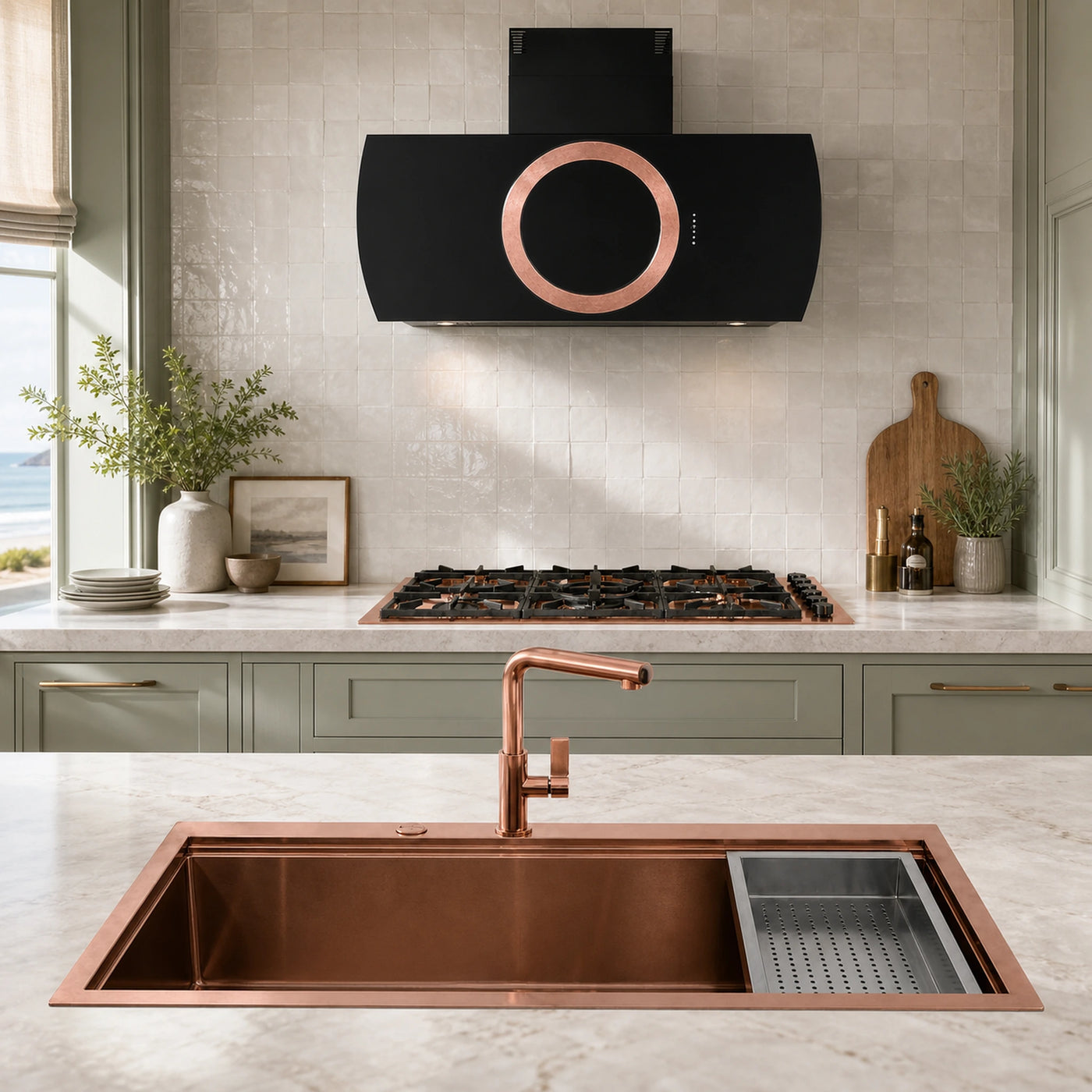 Milano 115cm 2 wok burner copper gas hob with matching Como 110cm wall mounted cooker hood