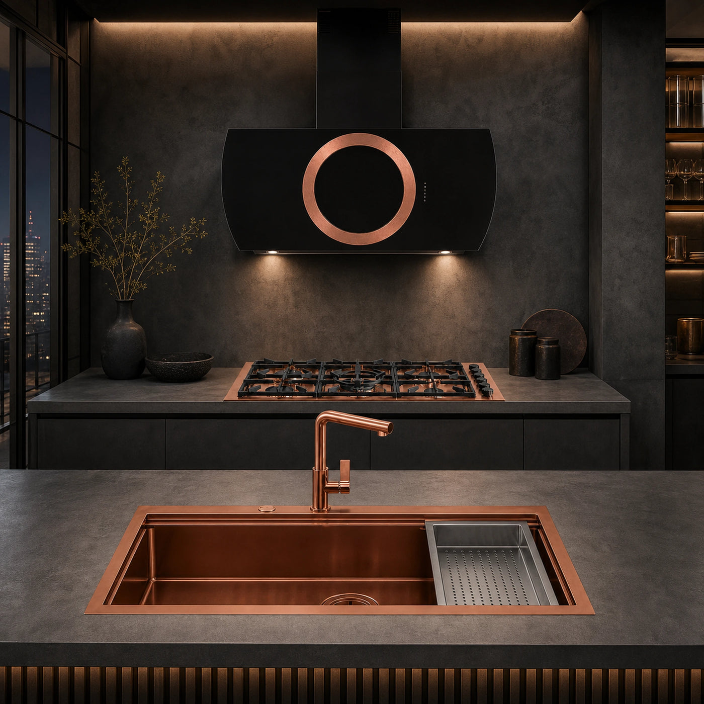 Milano 115cm 2 wok burner copper gas hob with matching Como 110cm wall mounted cooker hood