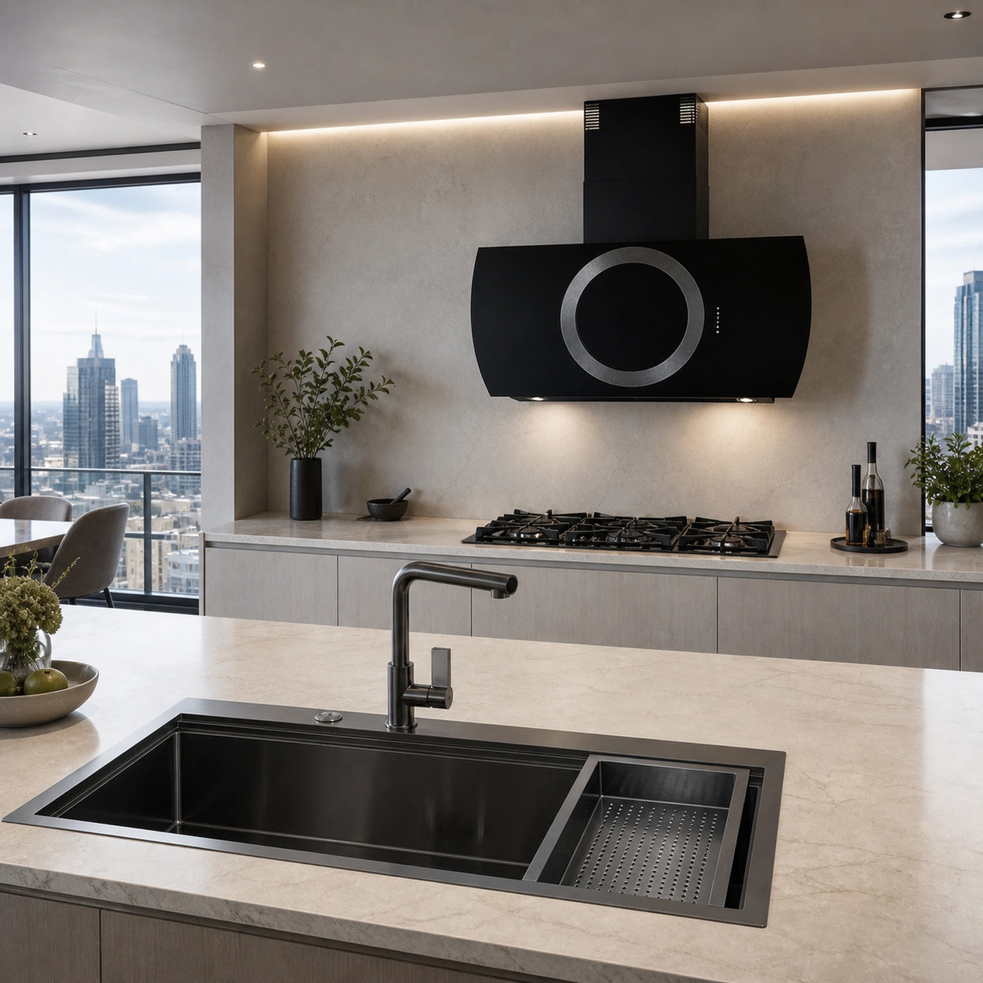 Milano 115cm 2 wok burner gun metal gas hob with matching Como 110cm wall mounted cooker hood