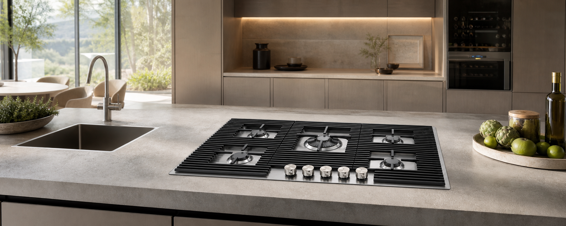 5 burner gas hob in stainless steel with wok burner in center 