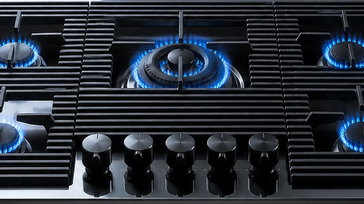 gun metal PVD gas hobs powerful wok burners and ultra low cast iron pan supports 