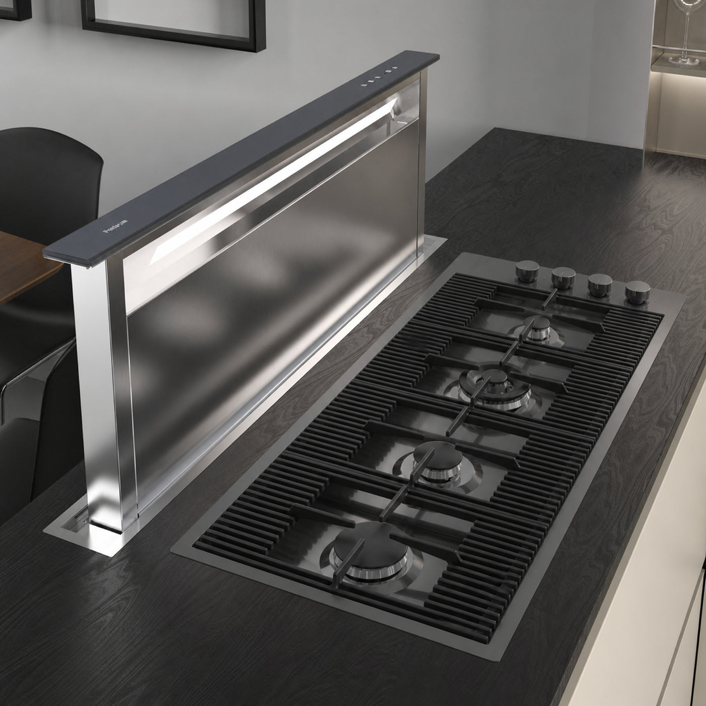 115cm Milano Gun metal PVD steel gas hob with downdraft cooker hood set at 500mm high