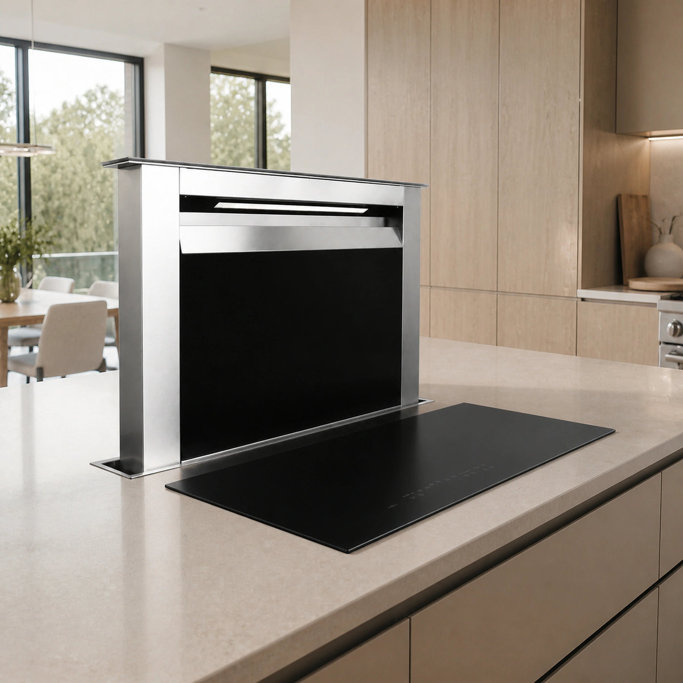 90cm panoramic induction hob satin matte black glass finish top mount or surface mount, pared with a stainless downdraft hood