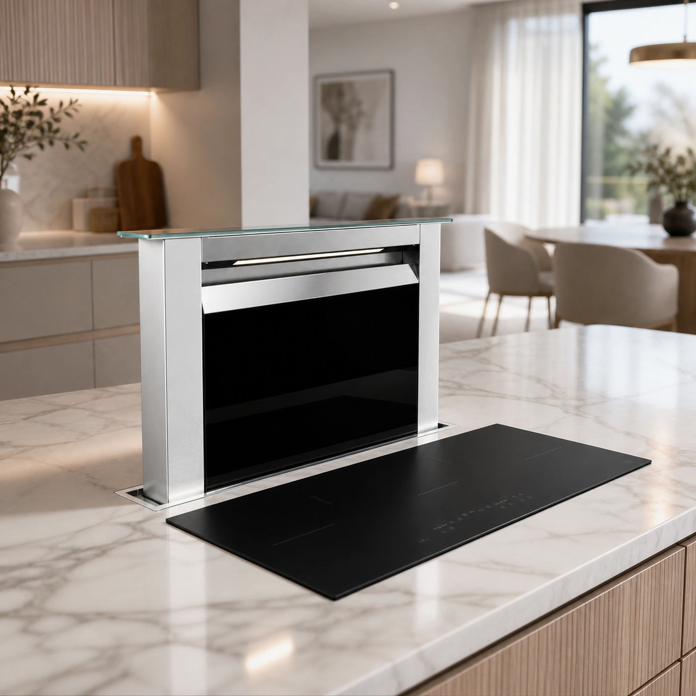 90cm panoramic induction hob satin matte black glass finish top mount or surface mount, pared with a downdraft hood