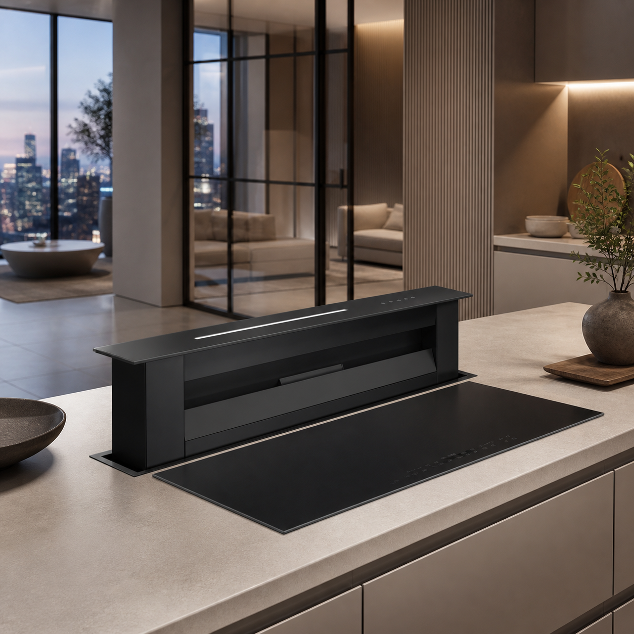 90cm panoramic induction hob satin matte black glass finish top mount or surface mount, pared with a black downdraft hood