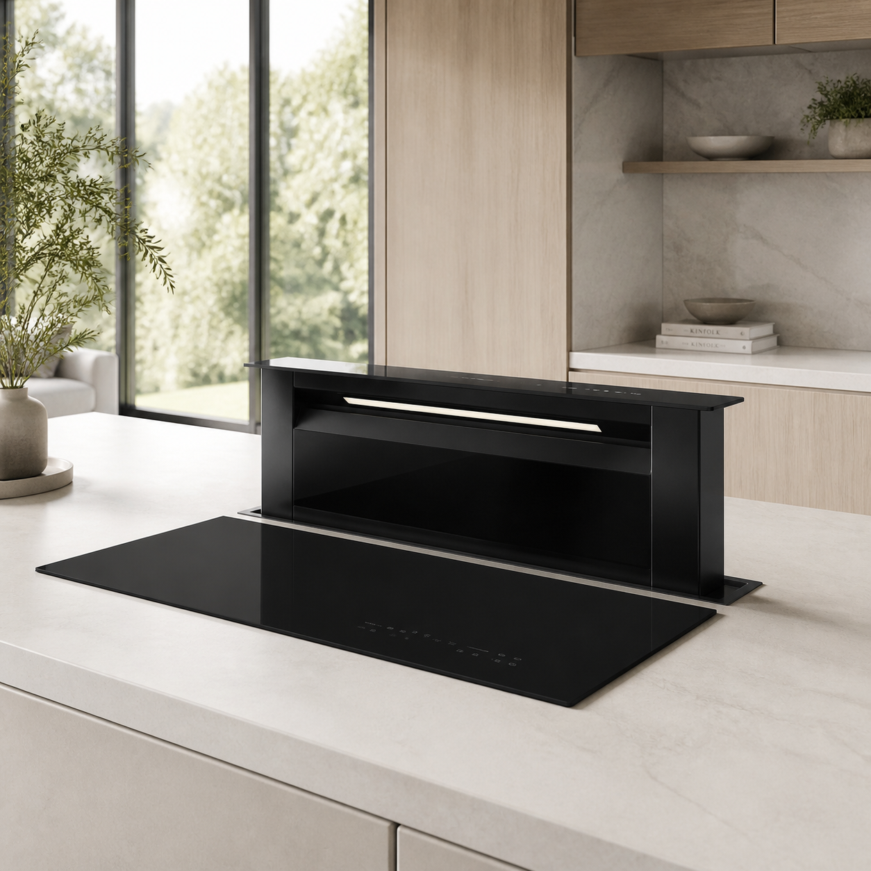 90cm panoramic induction hob satin matte black glass finish top mount or surface mount, pared with a black downdraft hood