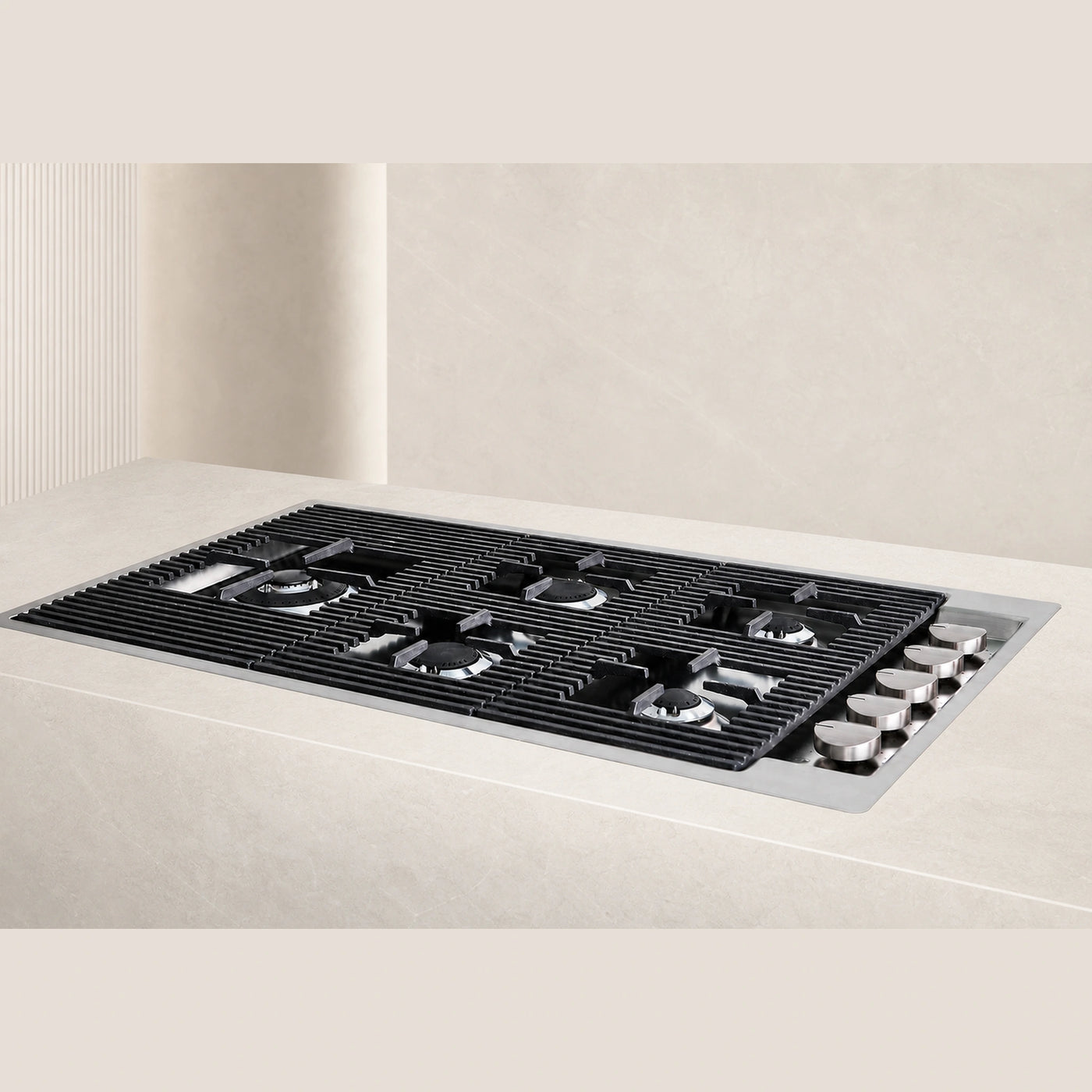 87cm Milano Lusso Stainless Steel recessed in worktop, gas hob with black pan supports and recessed knobs