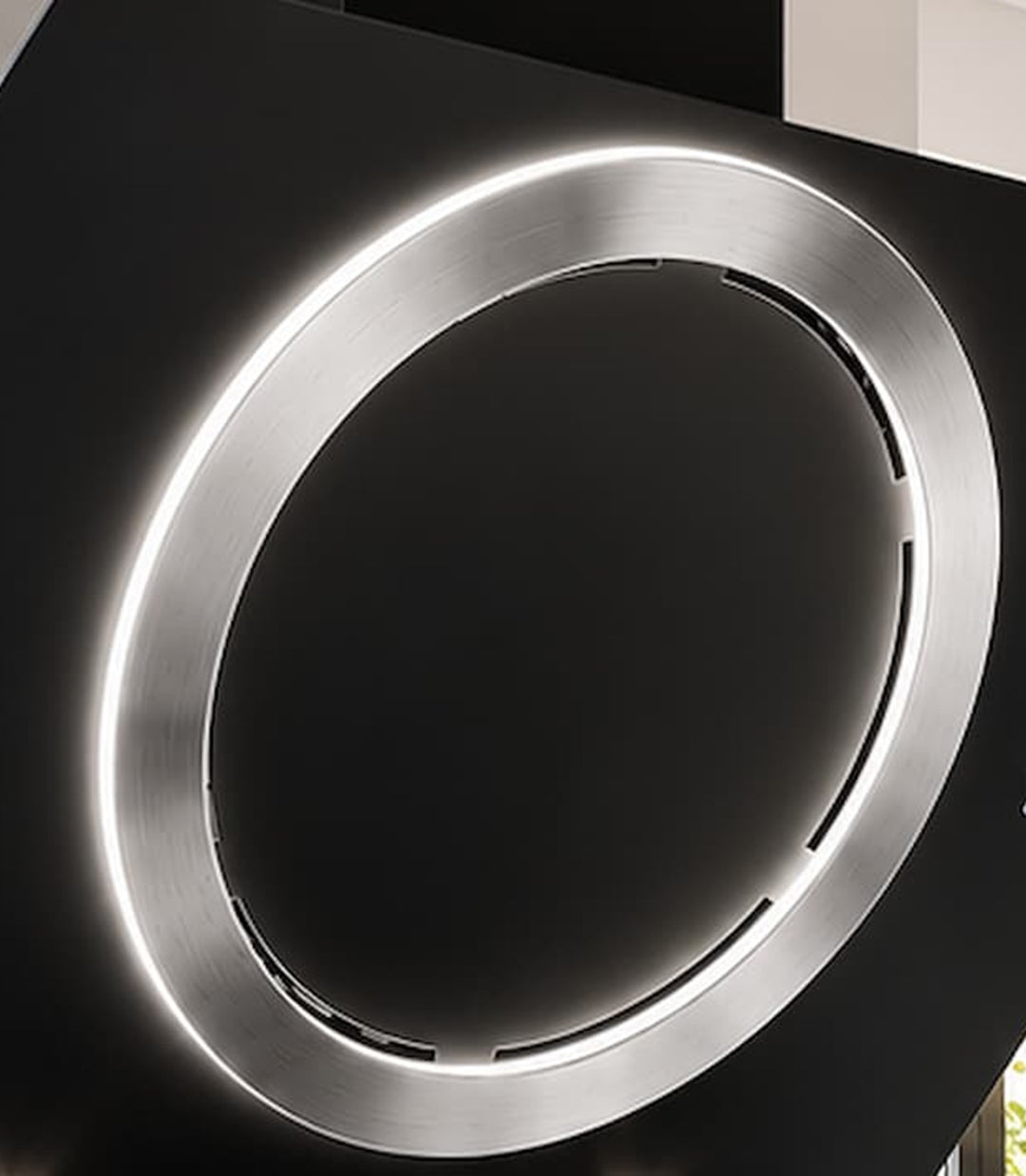 Wall mounted cooker hood with various center ring configurations, gold, copper, gun metal and stainless steel PVD steel finishes. powerful motor and extraction rates, size options 90cm, 100cm and 110cm widths.    