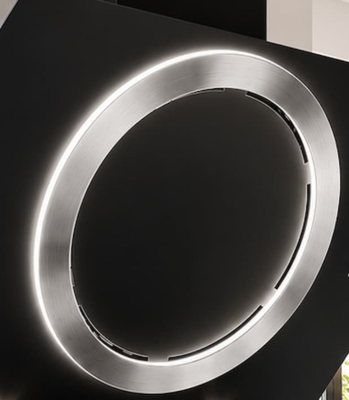 Wall mounted cooker hood with various center ring configurations, gold, copper, gun metal and stainless steel PVD steel finishes. powerful motor and extraction rates, size options 90cm, 100cm and 110cm widths.    