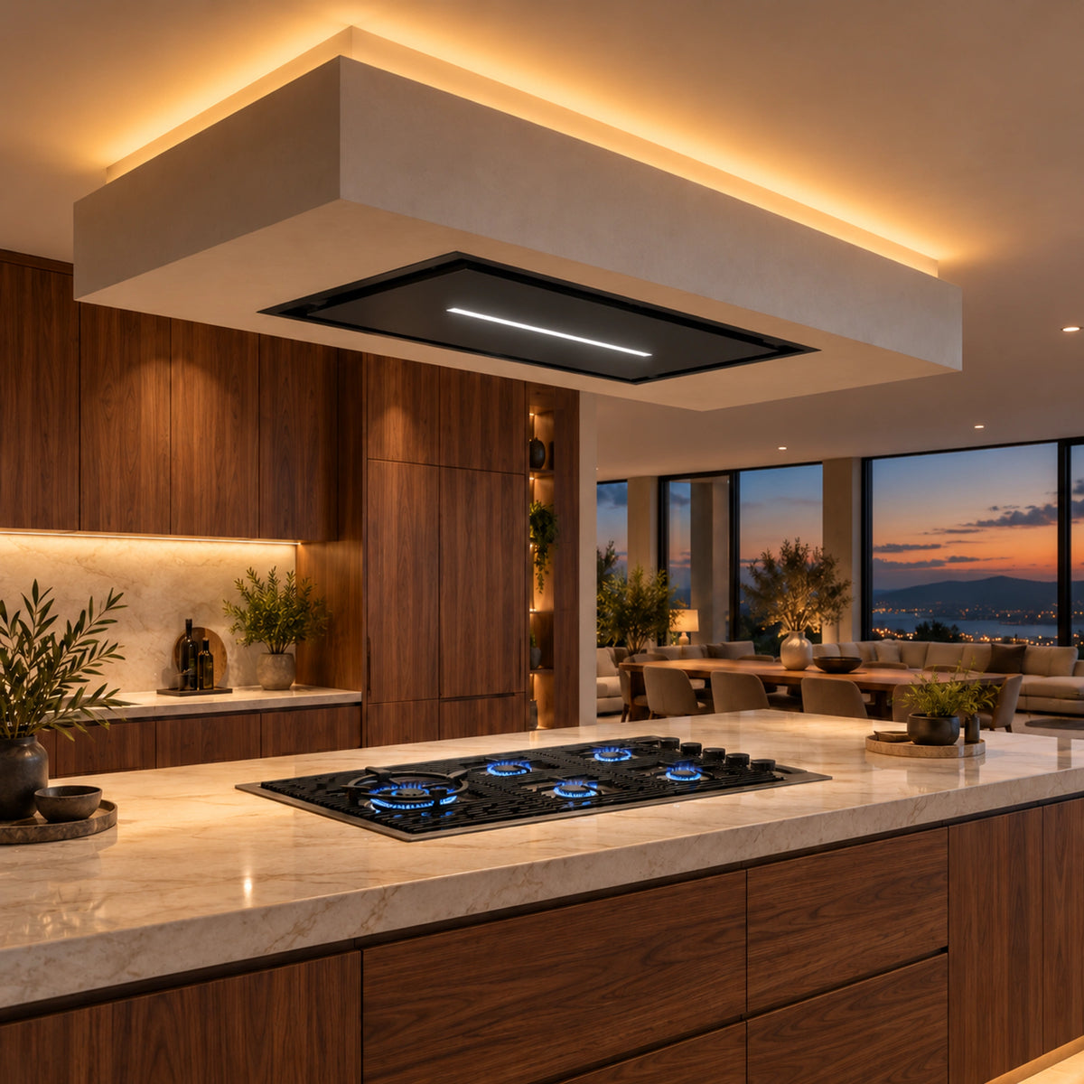 Luxair Synergy 90cm Black Ceiling Cooker Hood with Ambient Lighting and Foster 86cm Gas Hob