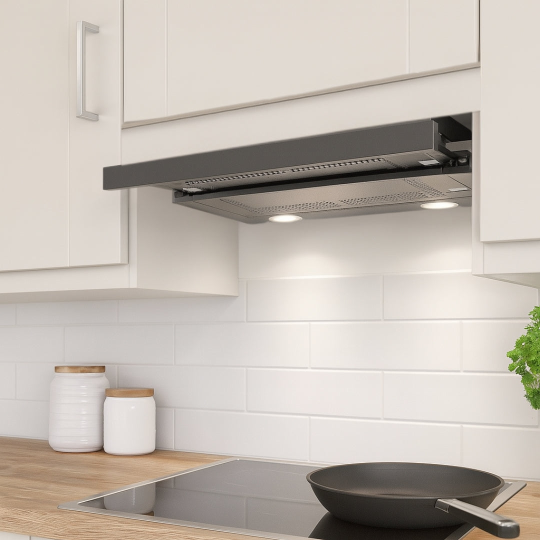 Telescopic Cooker Hood Installed In A Modern Shaker Style White Kitchen