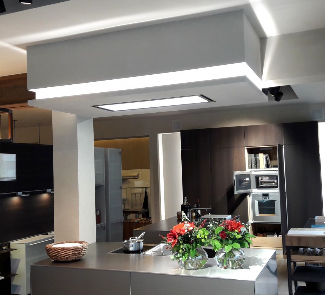 Tolvi Ceiling Cooker Hood Installed Within a Dropped Box Featuring Built In LED Lighting Surround