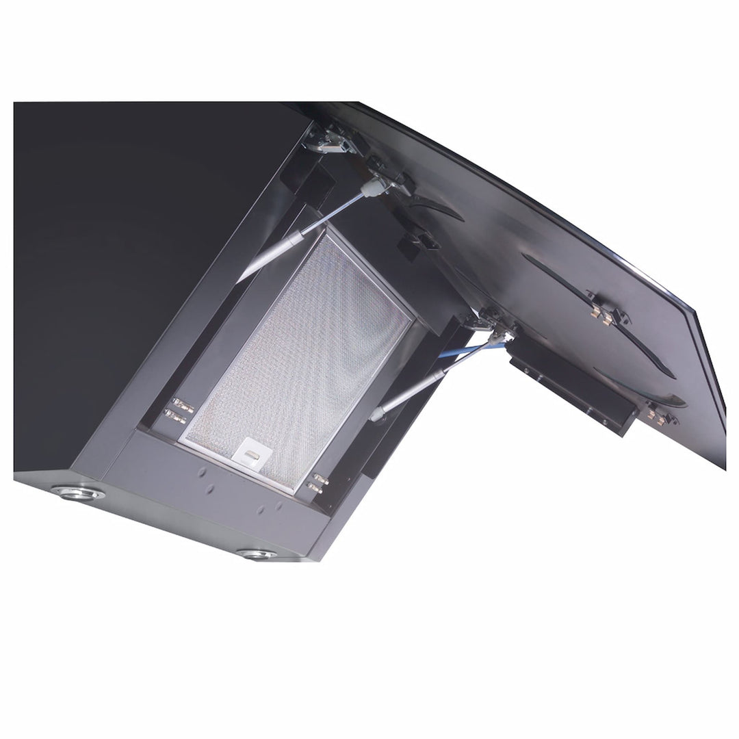 Wall mounted cooker hood with various center ring configurations, gold, copper, gun metal and stainless steel PVD steel finishes. powerful motor and extraction rates, size options 90cm, 100cm and 110cm widths.    