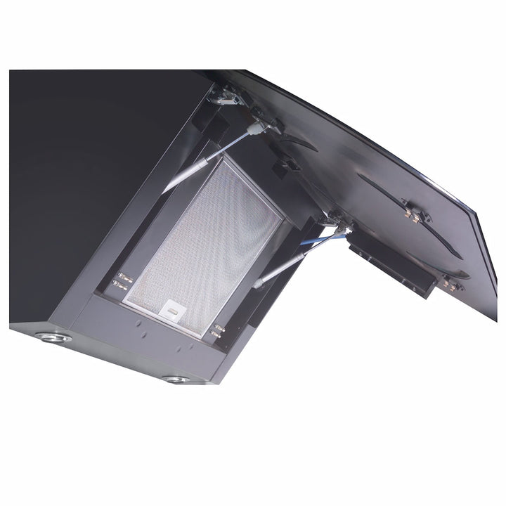 Wall mounted cooker hood with various center ring configurations, gold, copper, gun metal and stainless steel PVD steel finishes. powerful motor and extraction rates, size options 90cm, 100cm and 110cm widths.    