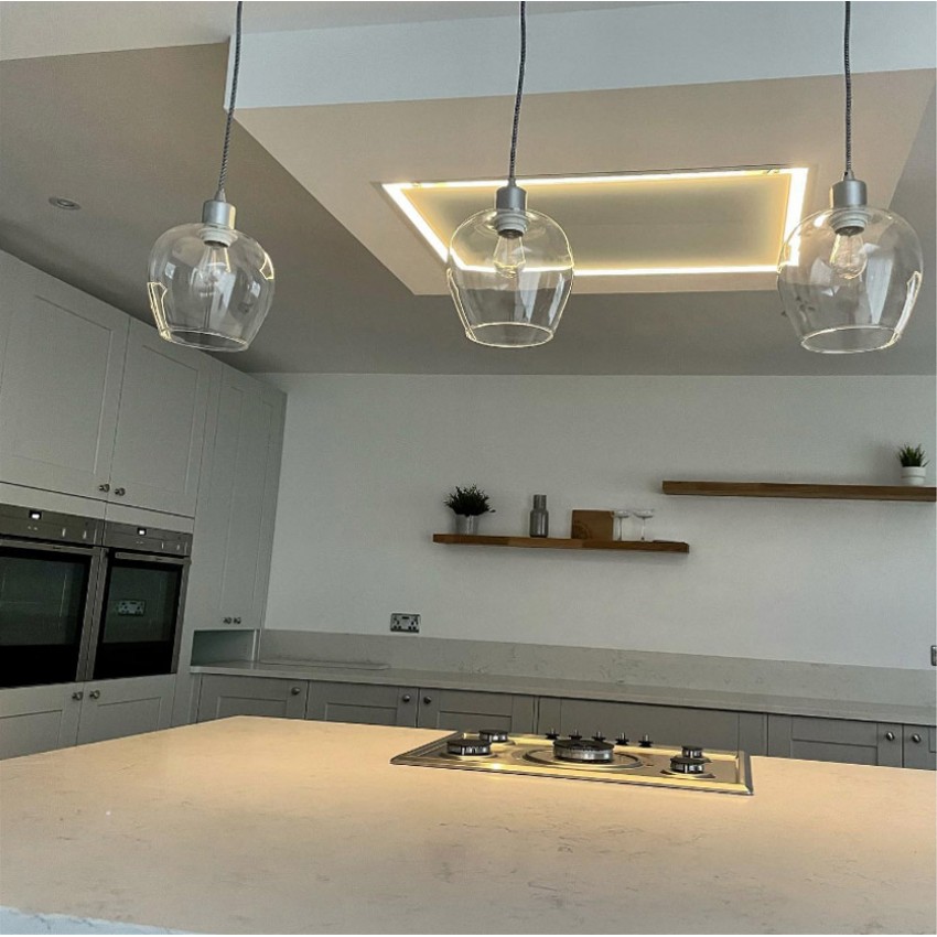 90cm New very slim ceiling cooker hood with led light bar surround white frame with white glass door 