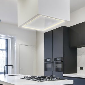 90cm slimline ceiling cooker hood with led light bar surround white frame with white glass door 