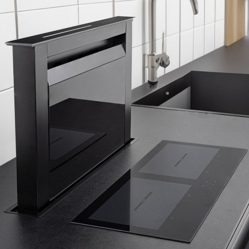 90cm Downdraft Pop Up kitchen Extractor - All Black with Black Glass Panel