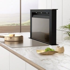 90cm Downdraft Hidden kitchen Extractor - All Black with Black Glass Panel