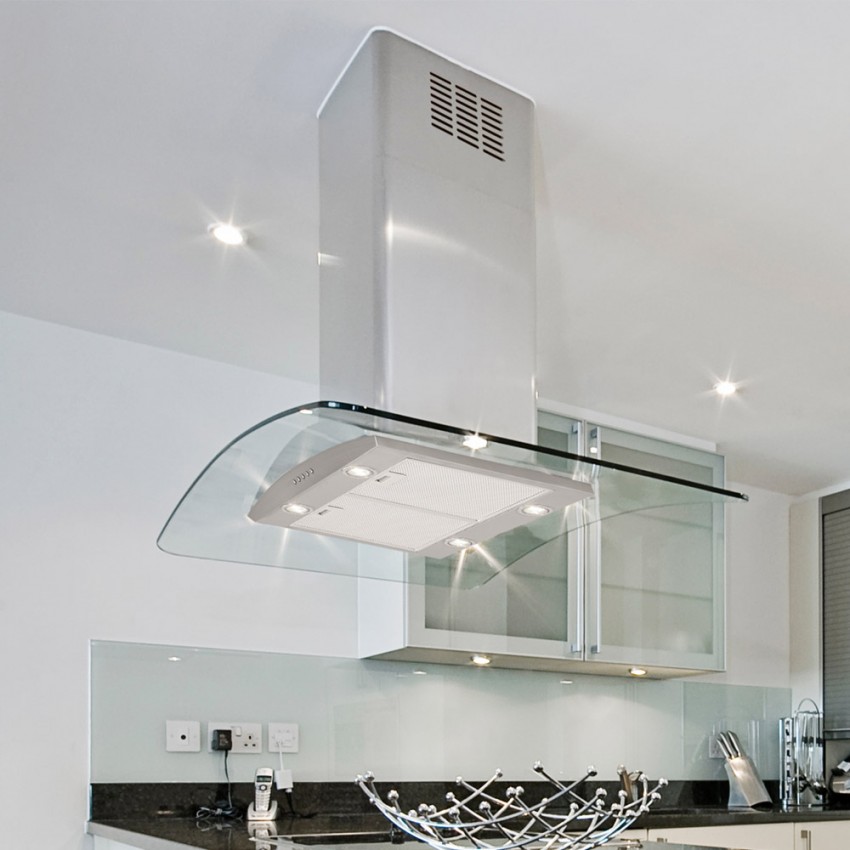 90cm Curved Glass Island Cooker Hood - Stainless Steel