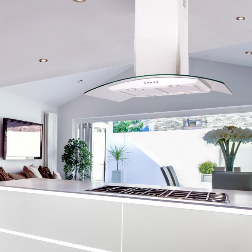90cm Curved glass cooker hood for islands - White